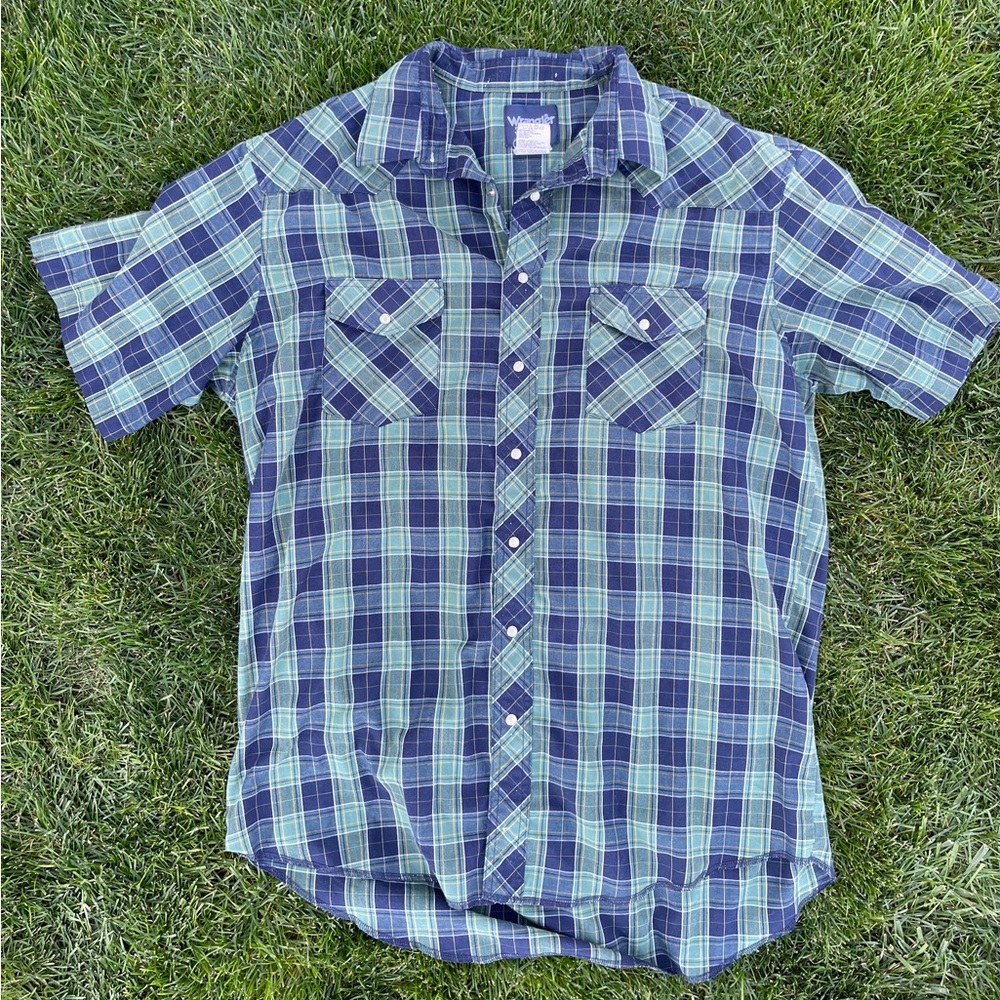 Wrangler Navy and Lime Plaid Shirt Western Vintage